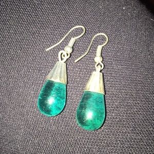 Green and silver teardrop earrings